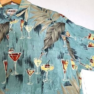 Campia Moda Men’s M Hawaiian Shirt Cocktail Print Tropical 100% Rayon ButtonTaup